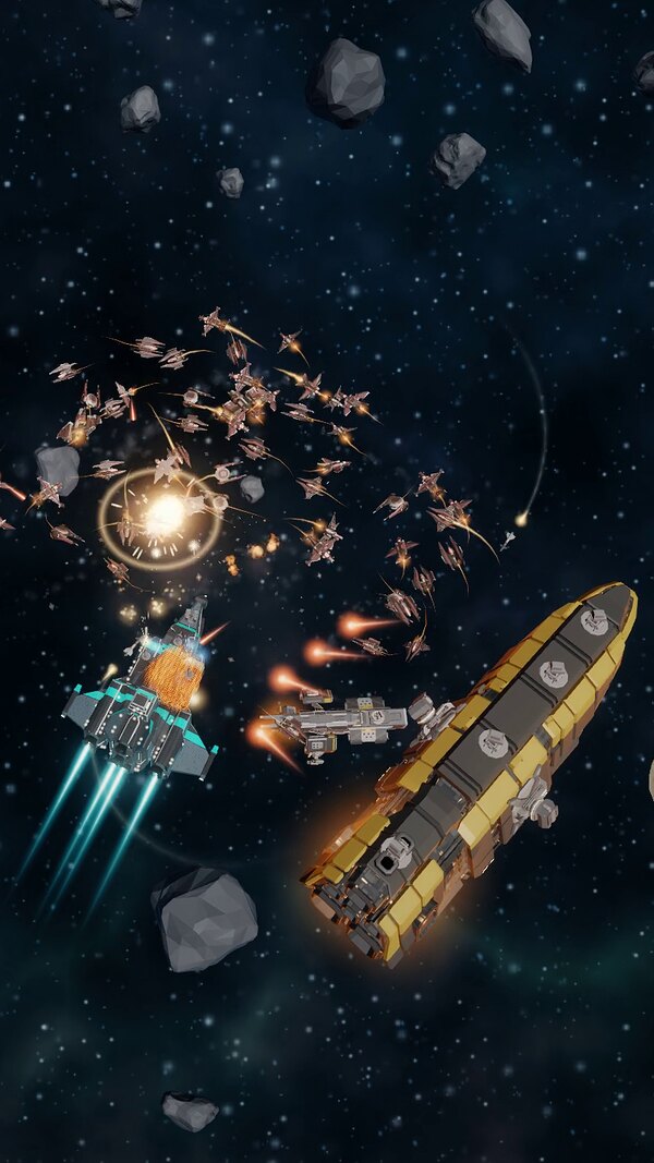 A warship duelling a huge boss